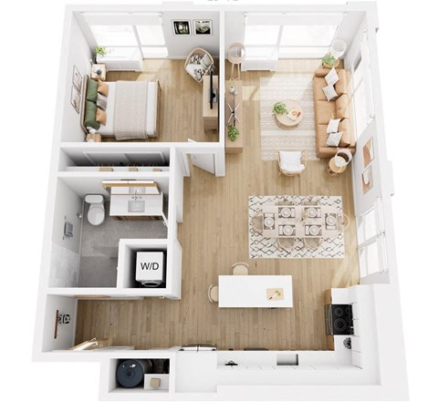 Apartments in Lancaster | a 3d drawing of a bedroom with a living room